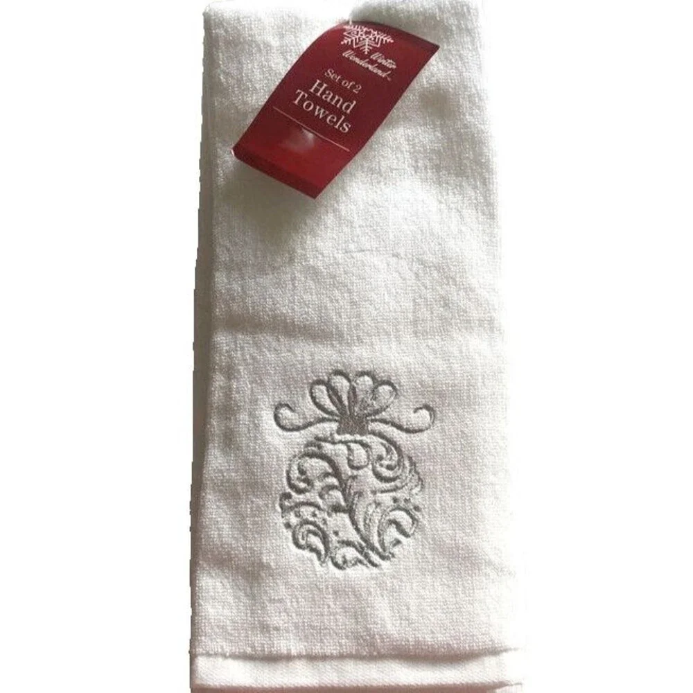 Christmas Holiday Silver Ornament Hand Towels Embroidered White Silver Set of 2